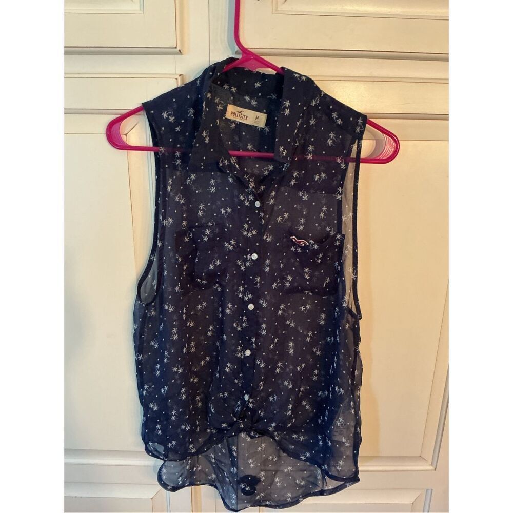 Hollister Button Down Chiffon Top‎ Sz M White Palm Trees